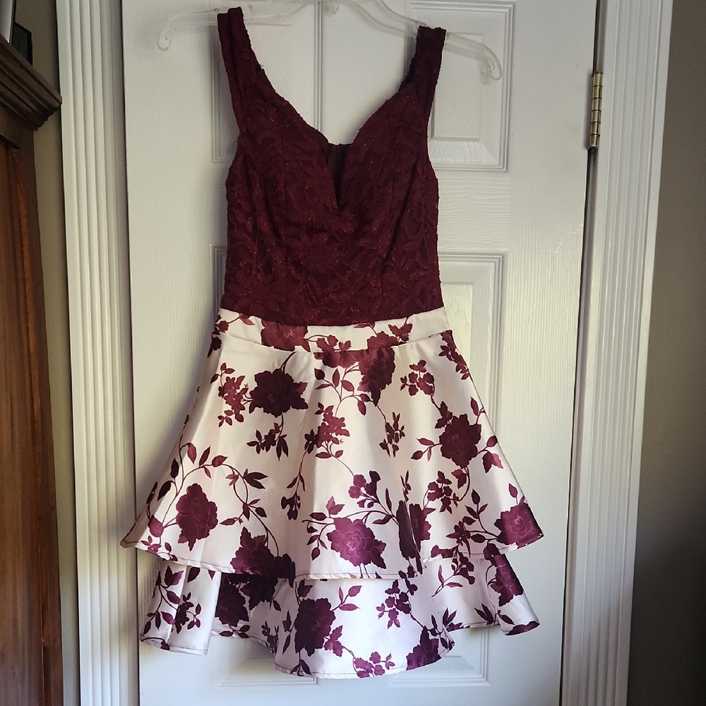 B Darlin Burgundy Lace and Floral Dress, Teen Girl